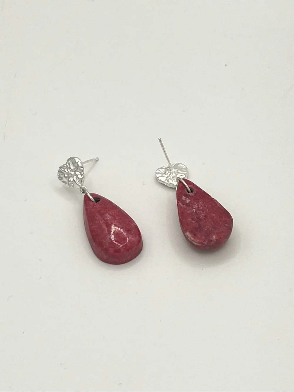 Genuine Russian Thulite Teardrop Earrings – Sterling Silver Heart Studs - Picture 2 of 3